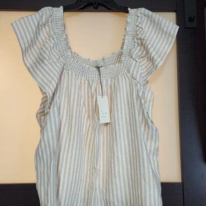 Women's Ruffle Short Sleeve Smocked Top - A New Day Cream Khaki Striped XXL nwt